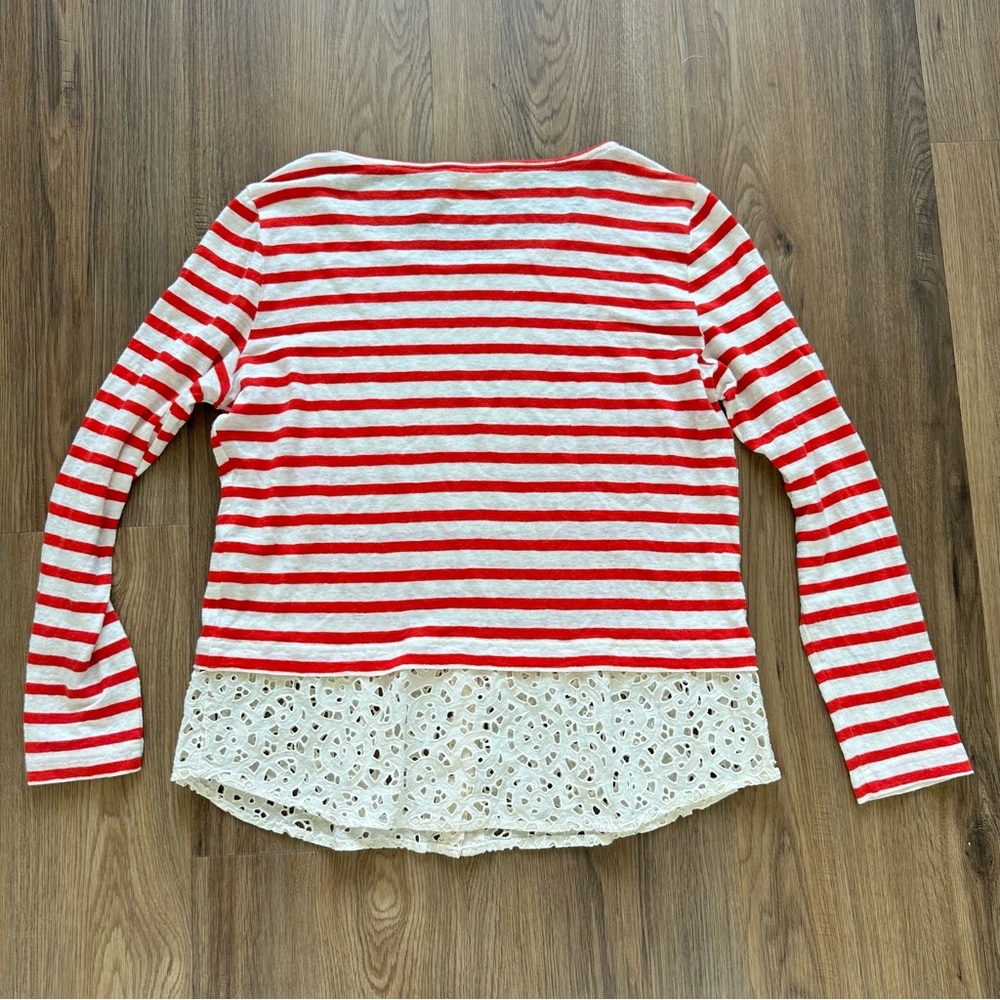 TORY BURCH Womens Linen Striped Top Blouse Medium Eyelet Lace Hem Red Layered - Picture 5 of 7